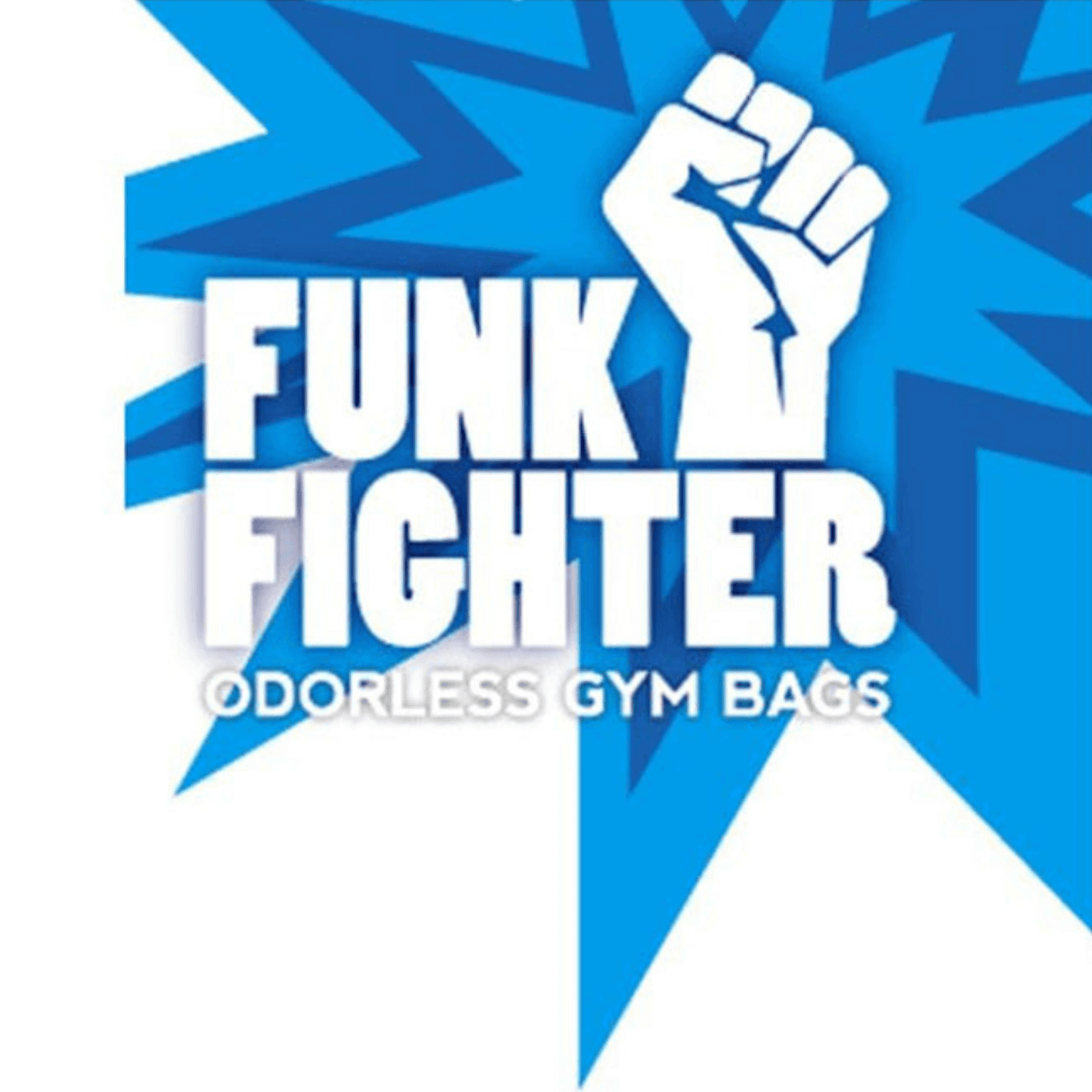 Funk Fighter logo featuring a fist and blue starburst, promoting odorless gym bags.