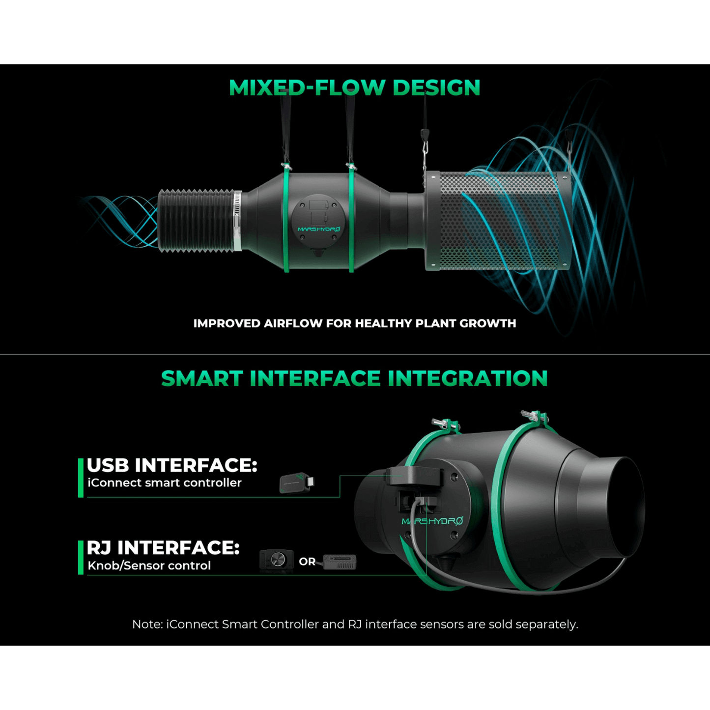 Mars Hydro iFresh 6" inline duct fan with mixed-flow design and smart interface integration for enhanced airflow.