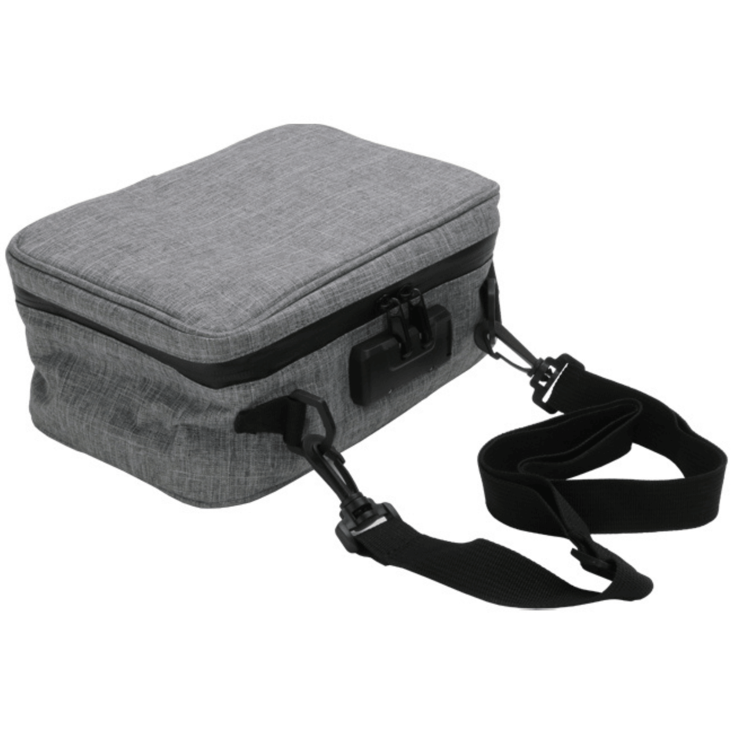 Gray lockable stash carrying case with detachable strap for secure storage and transport.