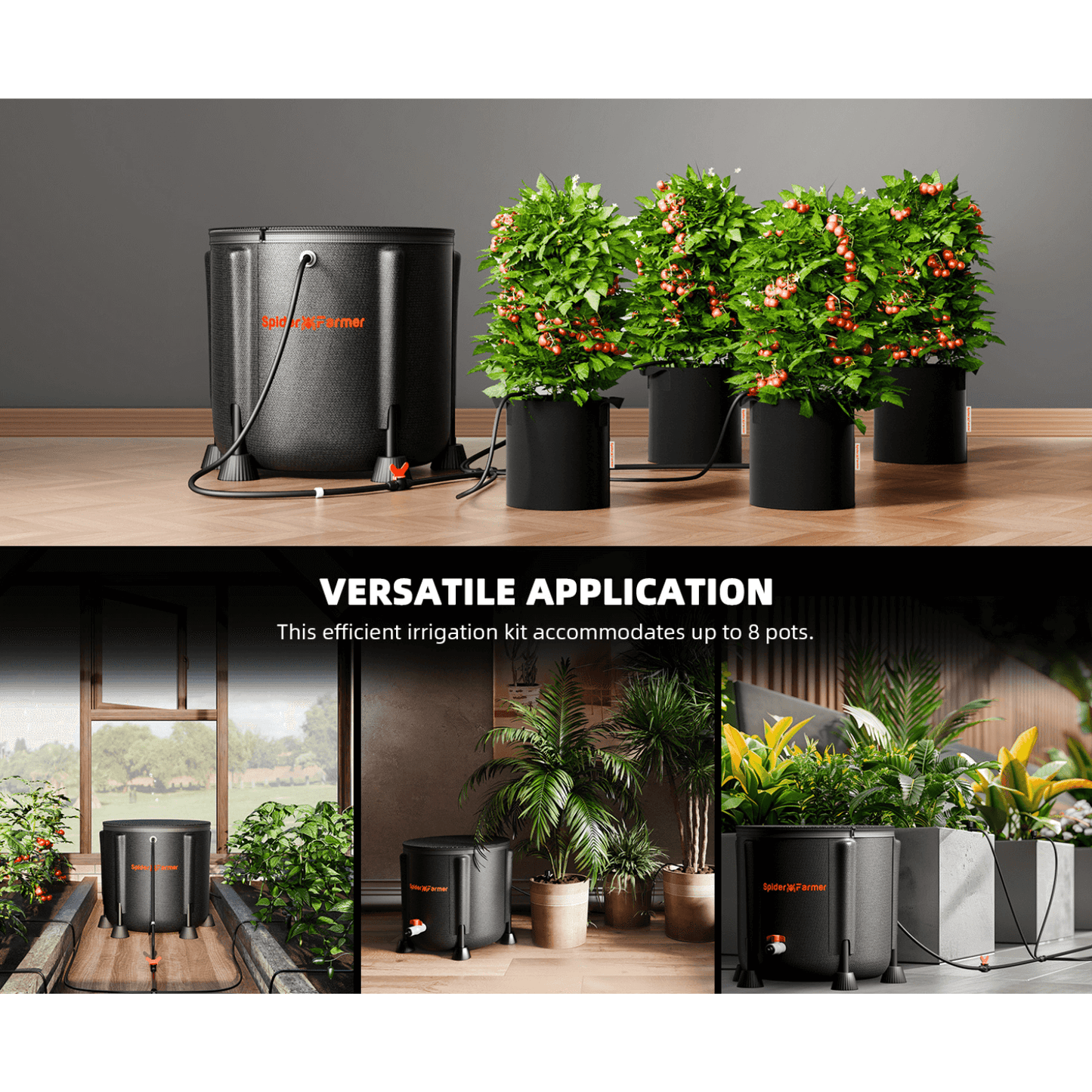 Spider Farmer Automatic Drip Irrigation System with pump, suitable for 8 pots, ideal for indoor and outdoor gardening.