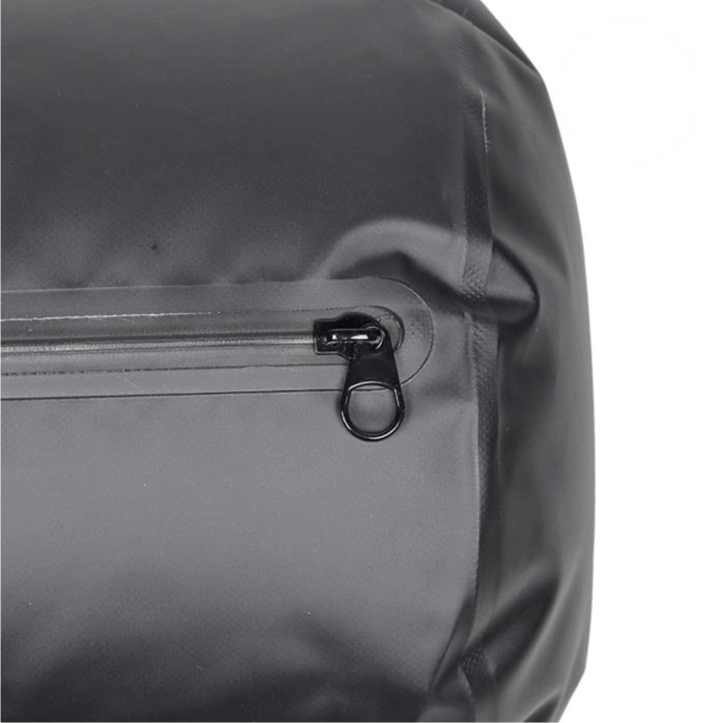 Close-up of black Funk Fighter XL DIVER Duffle Bag with zipper detail for secure storage.