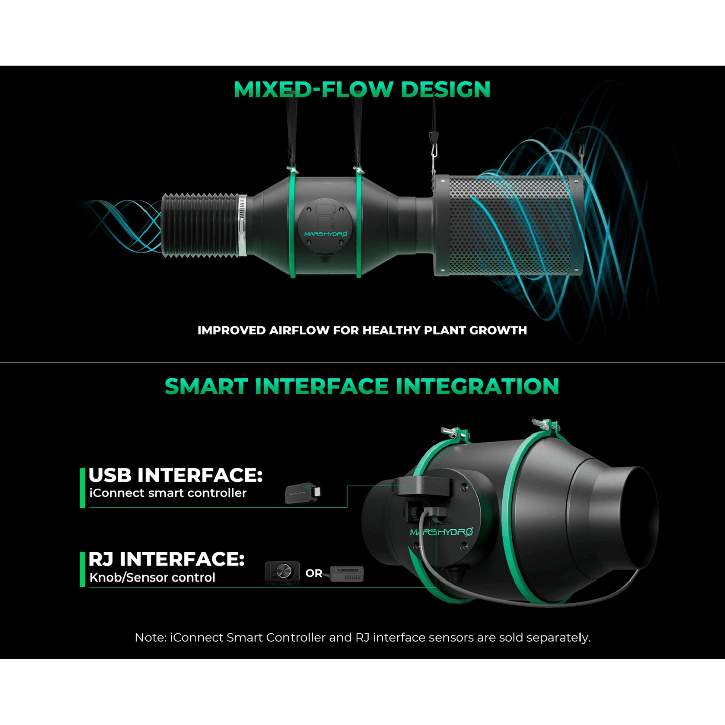 Mars Hydro iFresh 6" inline duct fan with mixed-flow design and smart interface integration for enhanced airflow.