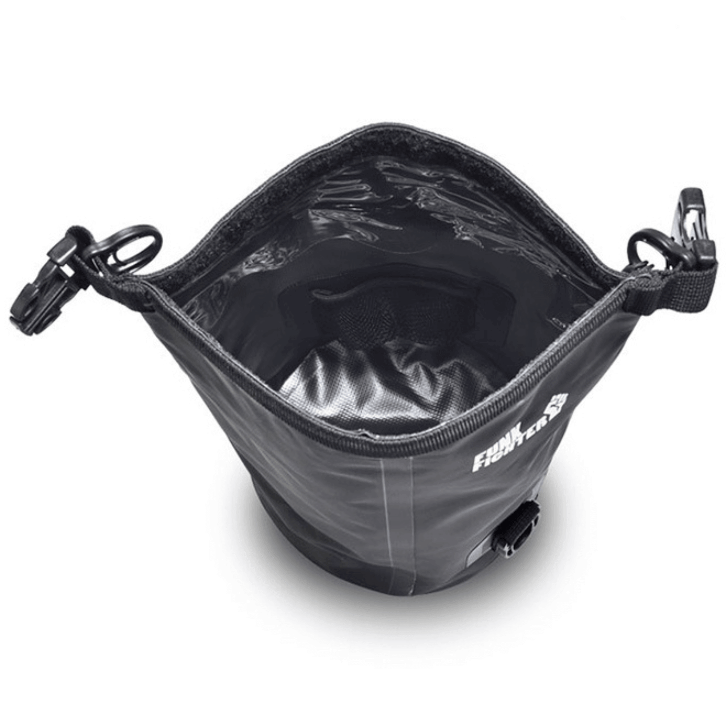 Open black Funk Fighter 20L Diver Bag showcasing spacious interior with secure clasp closures, ideal for odor-proof storage.