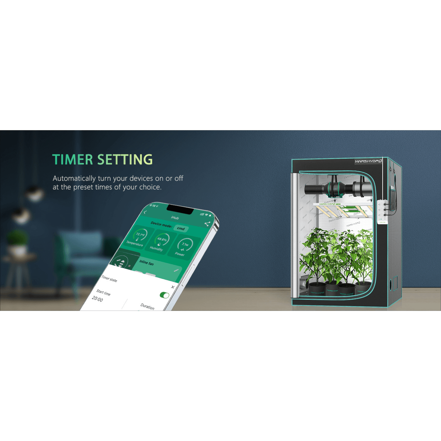 Image of Mars Hydro iHub smart power strip app showing timer settings for automated plant lighting.