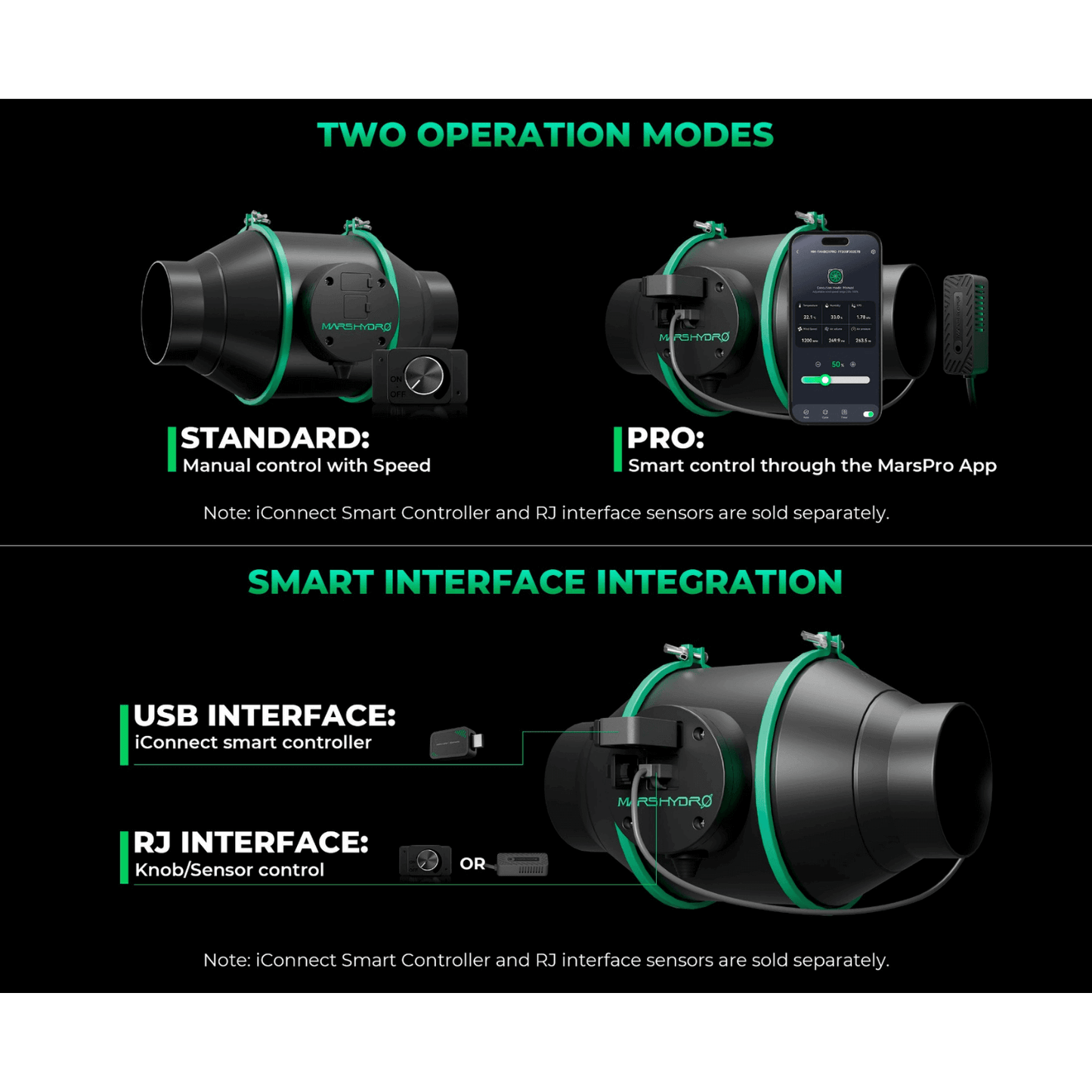 Mars Hydro iFresh 4" smart inline duct fan with operation modes and interface options for smart control and adjustment.