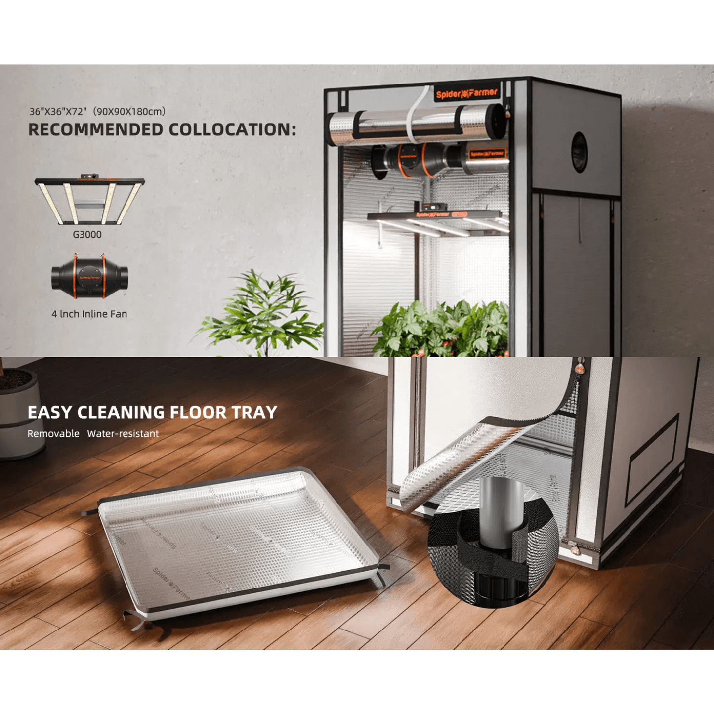 Spider Farmer indoor grow tent with accessories and cleaning features, ideal for small-scale plant care.