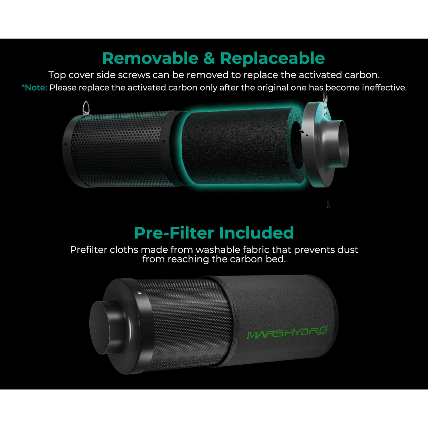 Mars Hydro 4" Inline Air Carbon Filter with removable top cover and pre-filter for dust prevention.