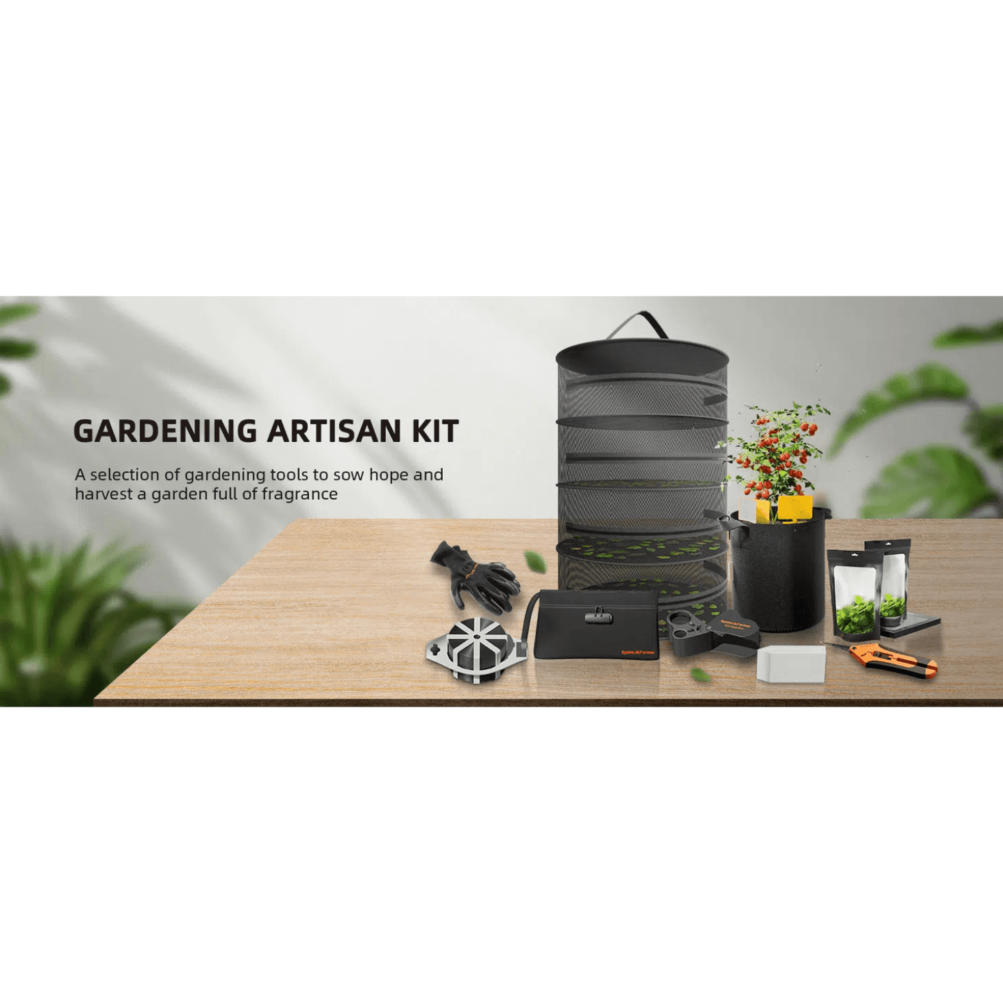 Gardening Artisan Kit featuring essential tools for cultivating a fragrant garden, including drying rack, gloves, and more.