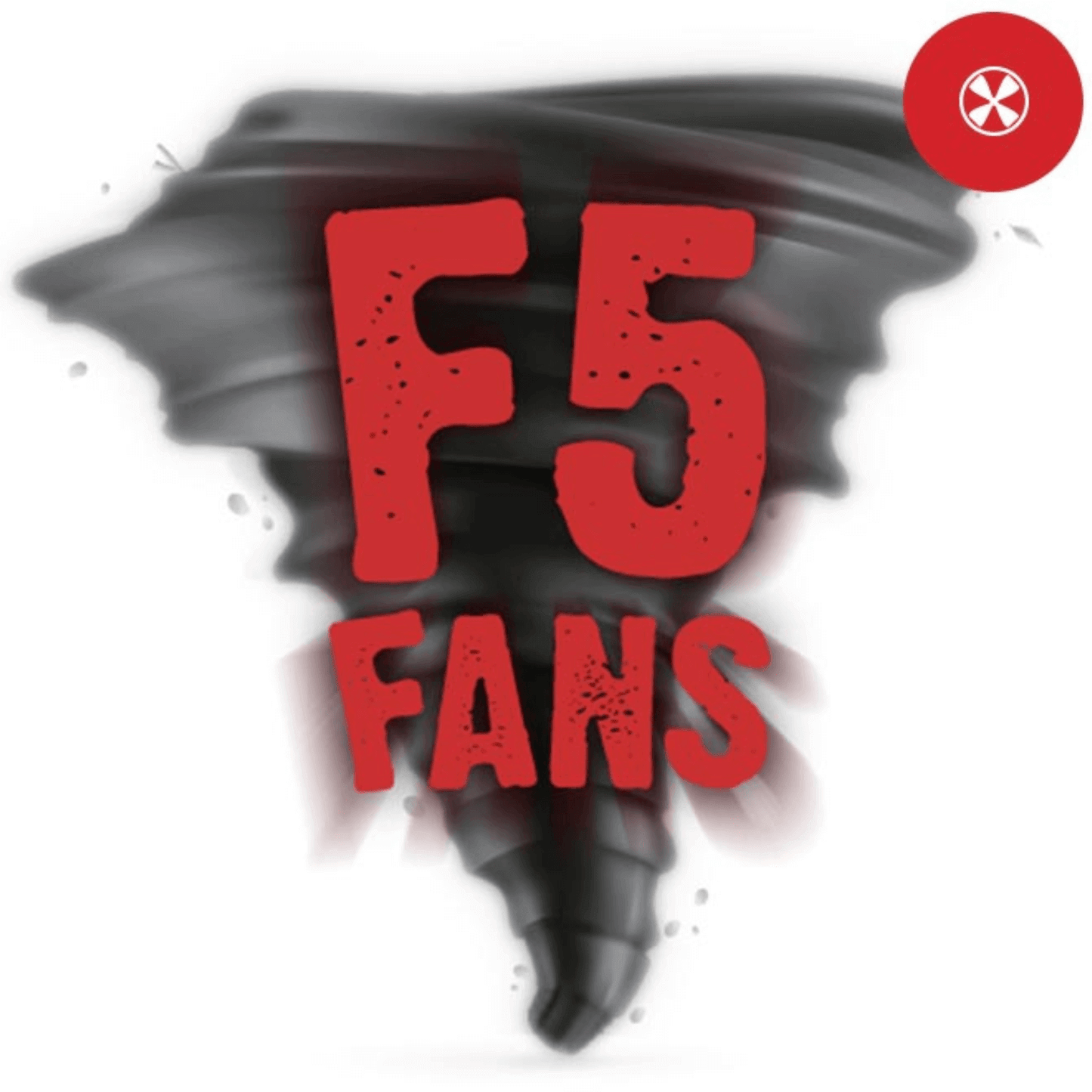 F5 Fans logo with red letters on a swirling black vortex background