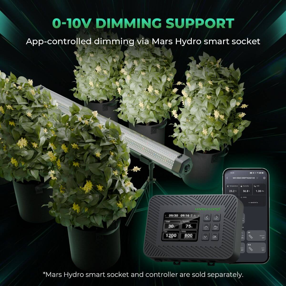 Mars Hydro ADlite-100 LED grow light with app-controlled dimming and plants in pots under bright lighting.