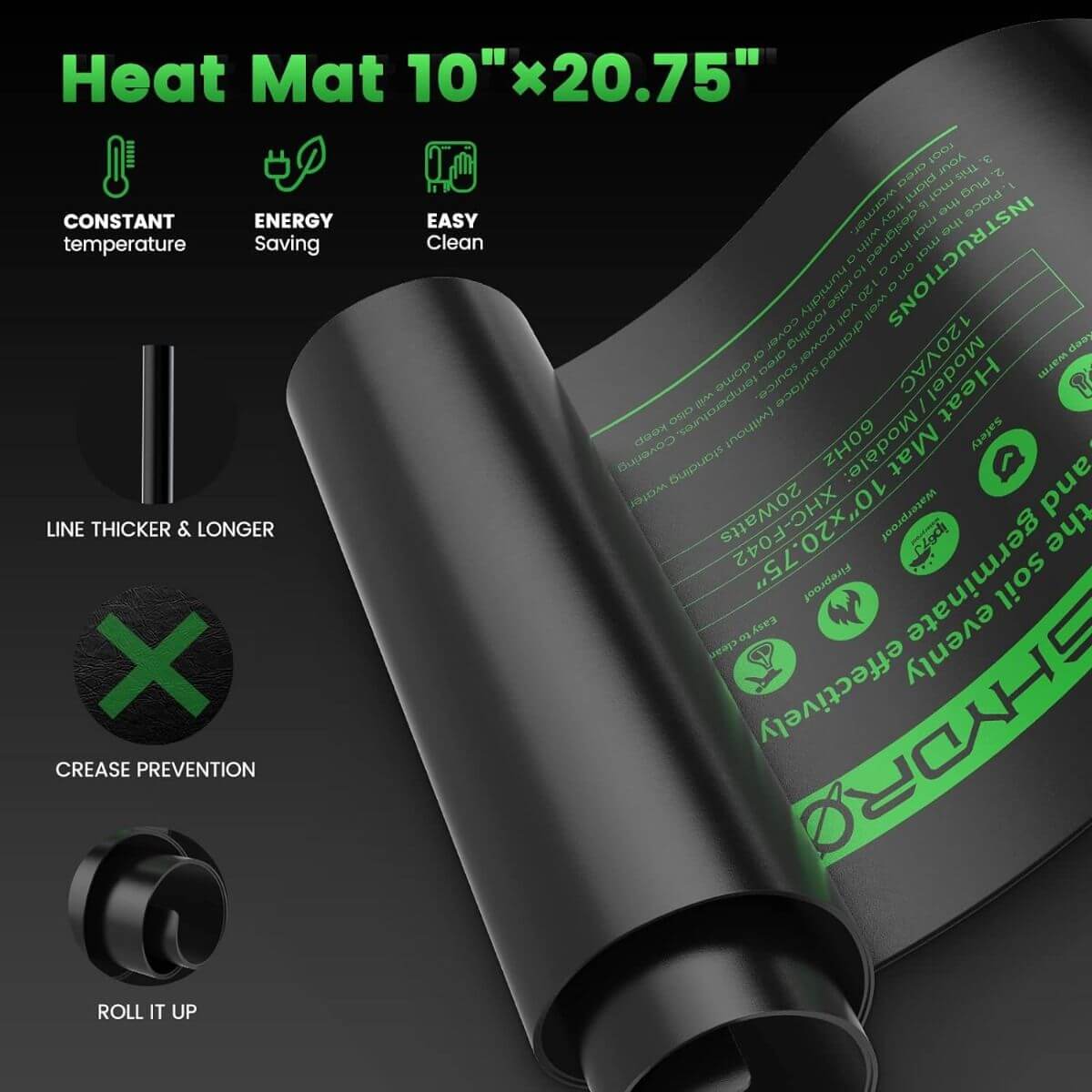 Mars Hydro 10" x 20.75" heat mat showcasing features like constant temperature and easy cleaning.