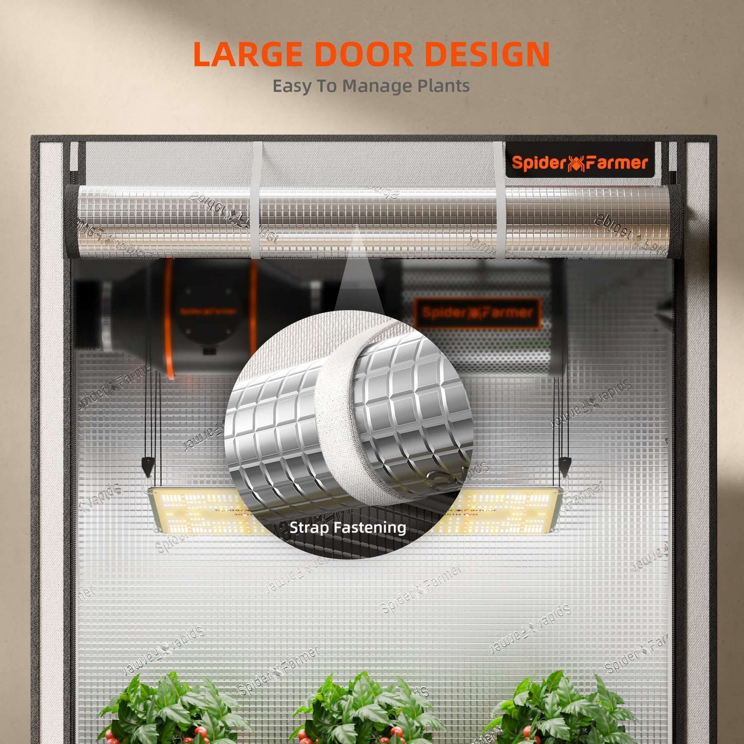 Large door design of Spider Farmer grow tent for easy plant management and visibility.