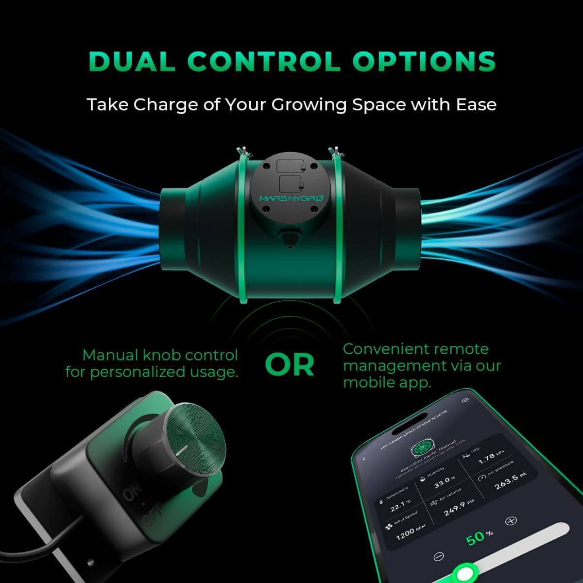 Mars Hydro 6" Smart Inline Duct Fan showcasing dual control options: manual knob or mobile app for easy usage.