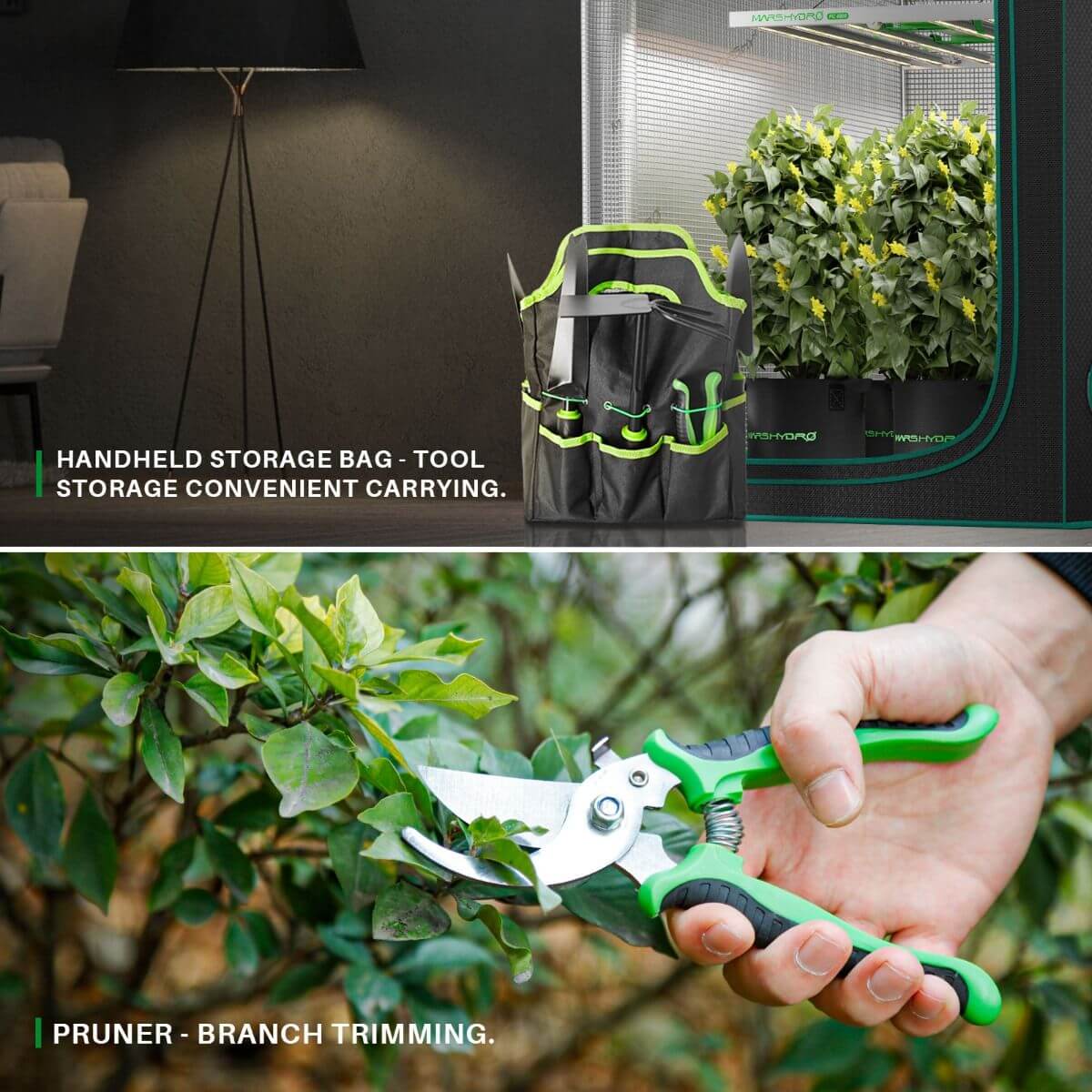 Handheld storage bag for tools and pruner for branch trimming in a garden setup.