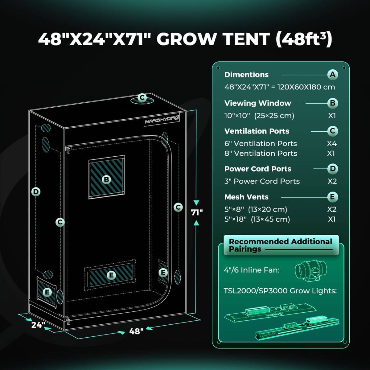 Mars Hydro 48"x24"x71" grow tent features ventilation ports, mesh vents, and detailed dimensions for optimal indoor planting.