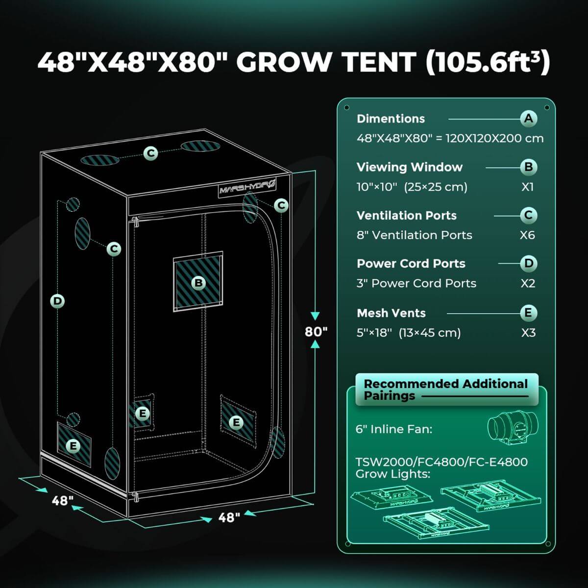 Diagram of 48"x48"x80" indoor grow tent with dimensions, viewing window, ports, and mesh vents.