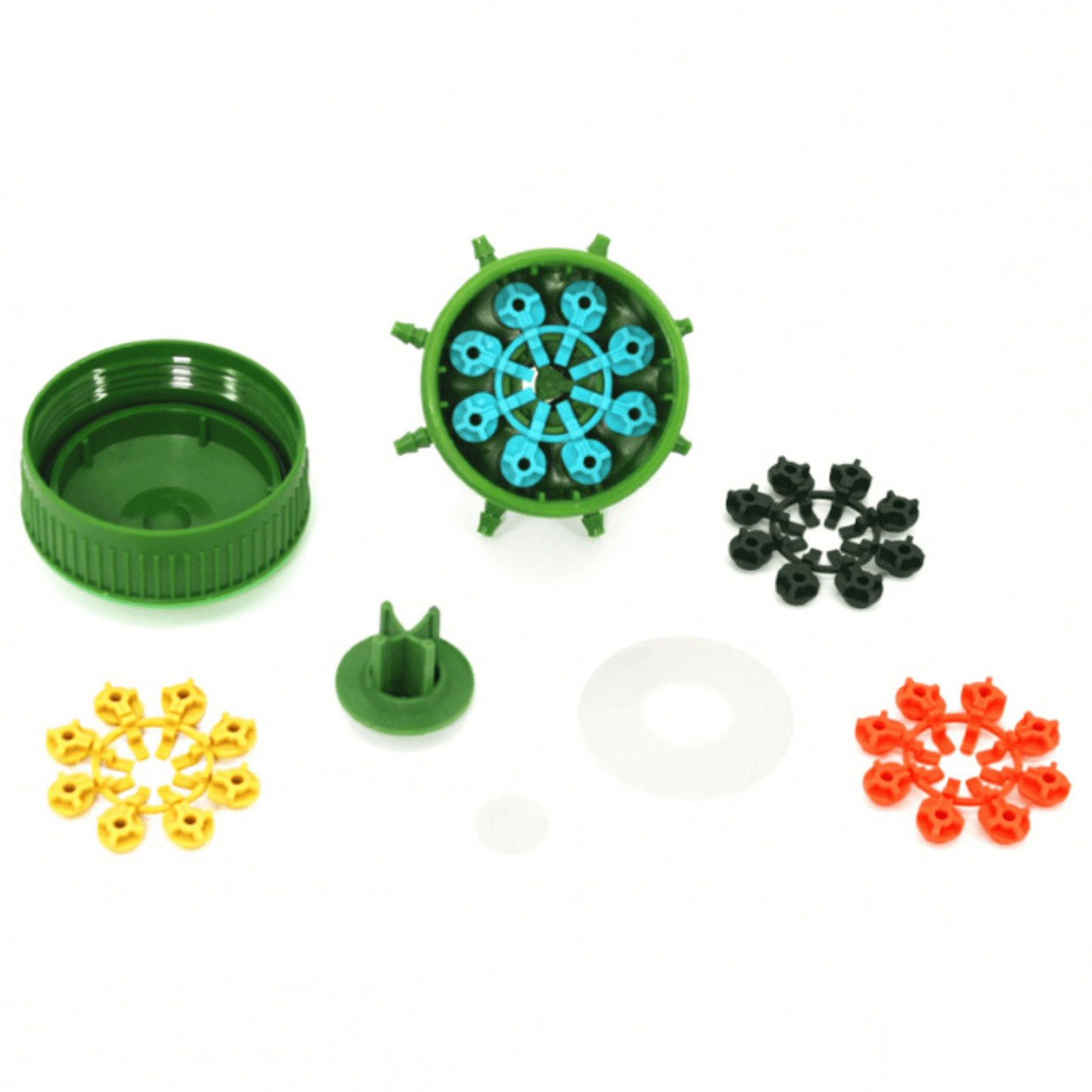 FloraFlex Pipe System MultiFlow 1" Elbow components displayed with colorful manifold pieces.