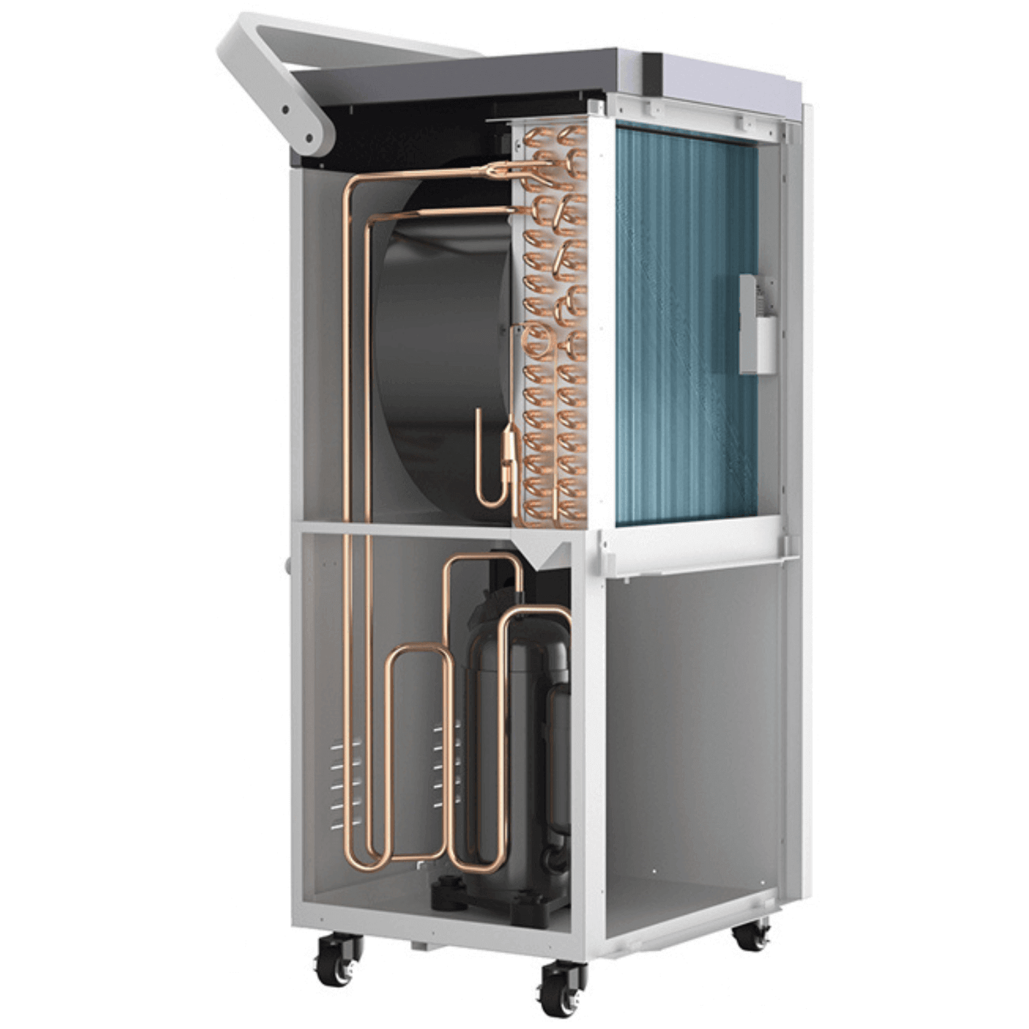 Drop Air X Industrial Dehumidifier with open view of internal components, highlighting space-saving design and heavy-duty casters.