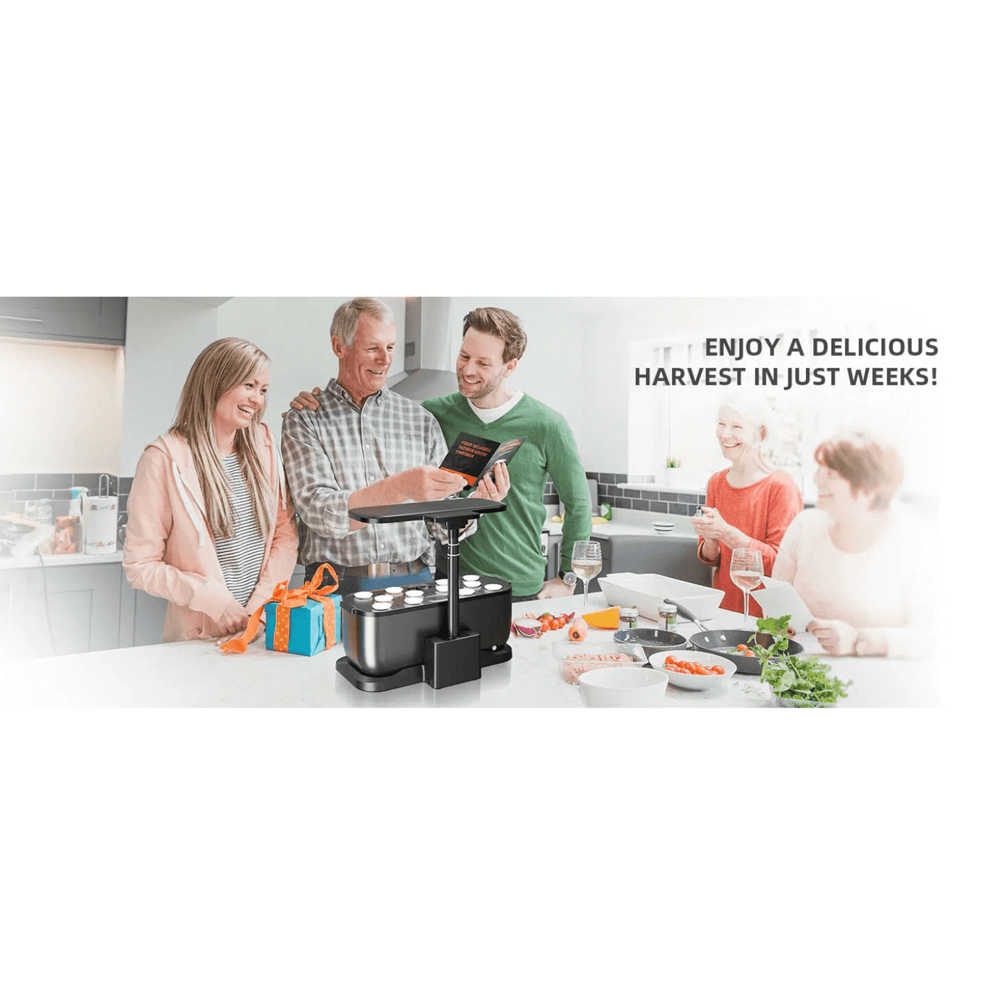Group of people enjoying a hydroponics system, celebrating fast and delicious harvests in a bright kitchen.