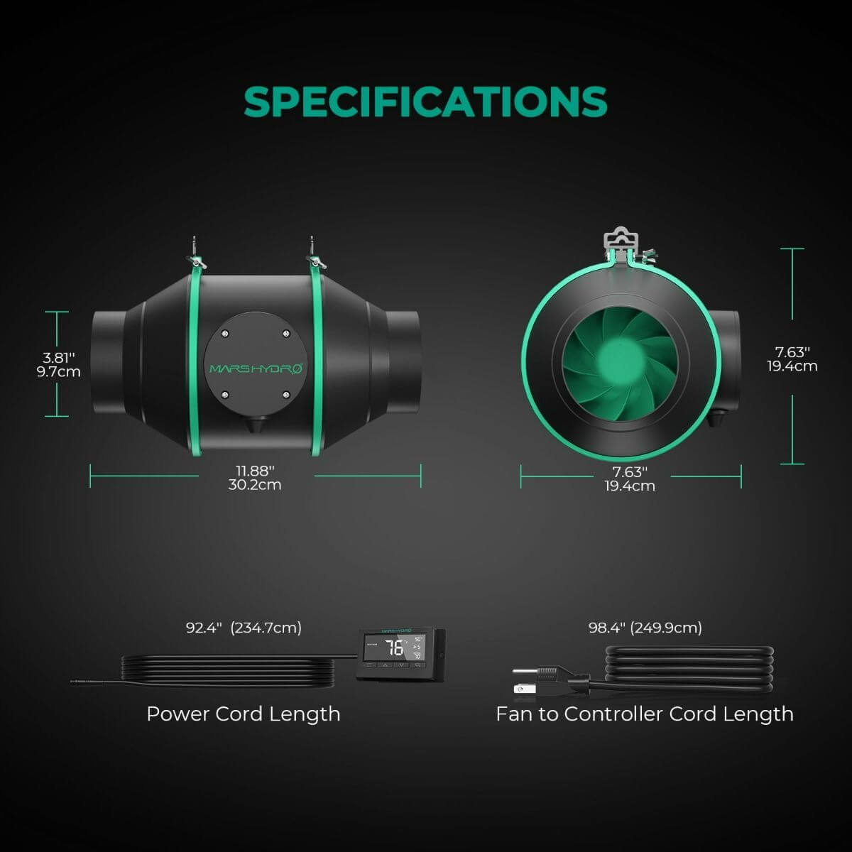 Mars Hydro 4 inch Inline Duct Fan specifications showing dimensions and cord lengths.