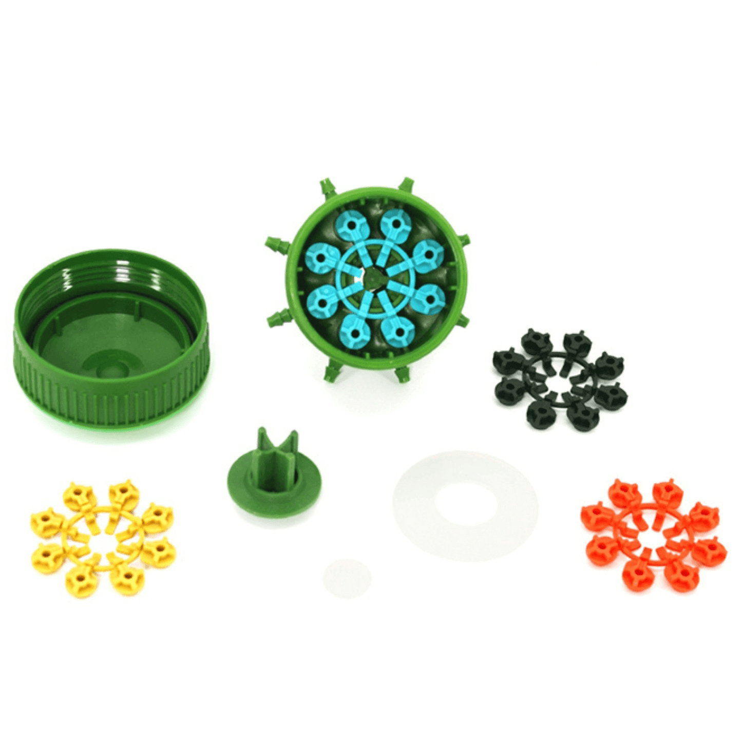 FloraFlex Multi Flow Bubbler manifold with colorful flow inserts and Quick Disconnect tool components for efficient plant watering.