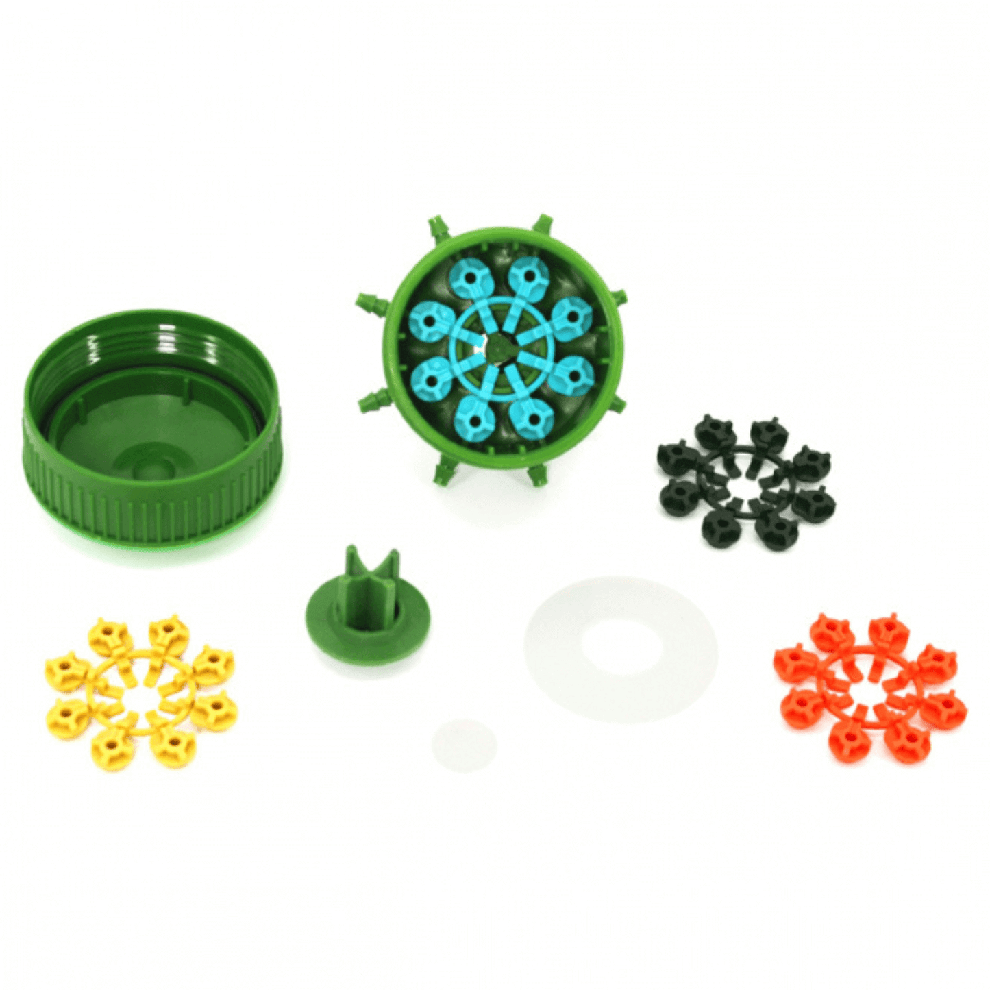 FloraFlex MultiFlow Pipe System components on display, featuring colorful manifold parts for efficient plant watering.