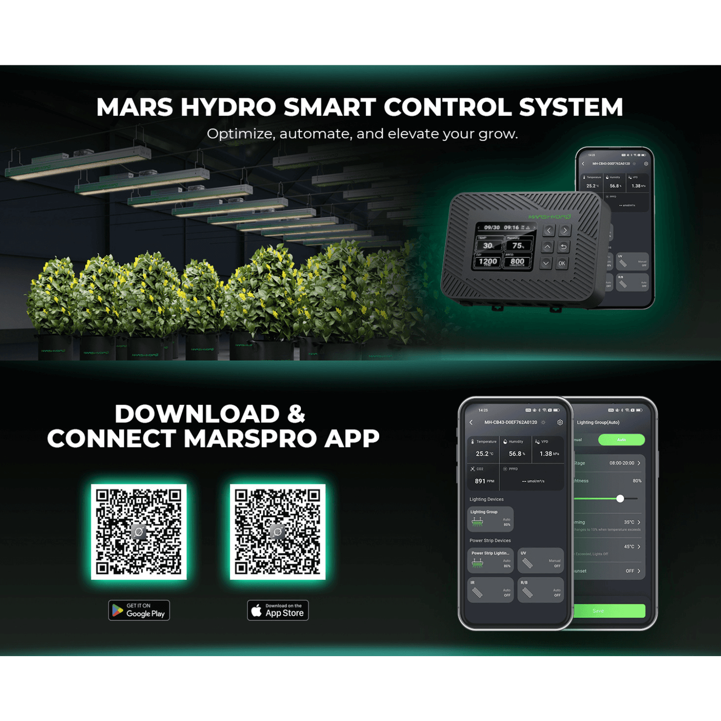 Mars Hydro Smart Control System with plant growth optimization and MarsPro app download options.