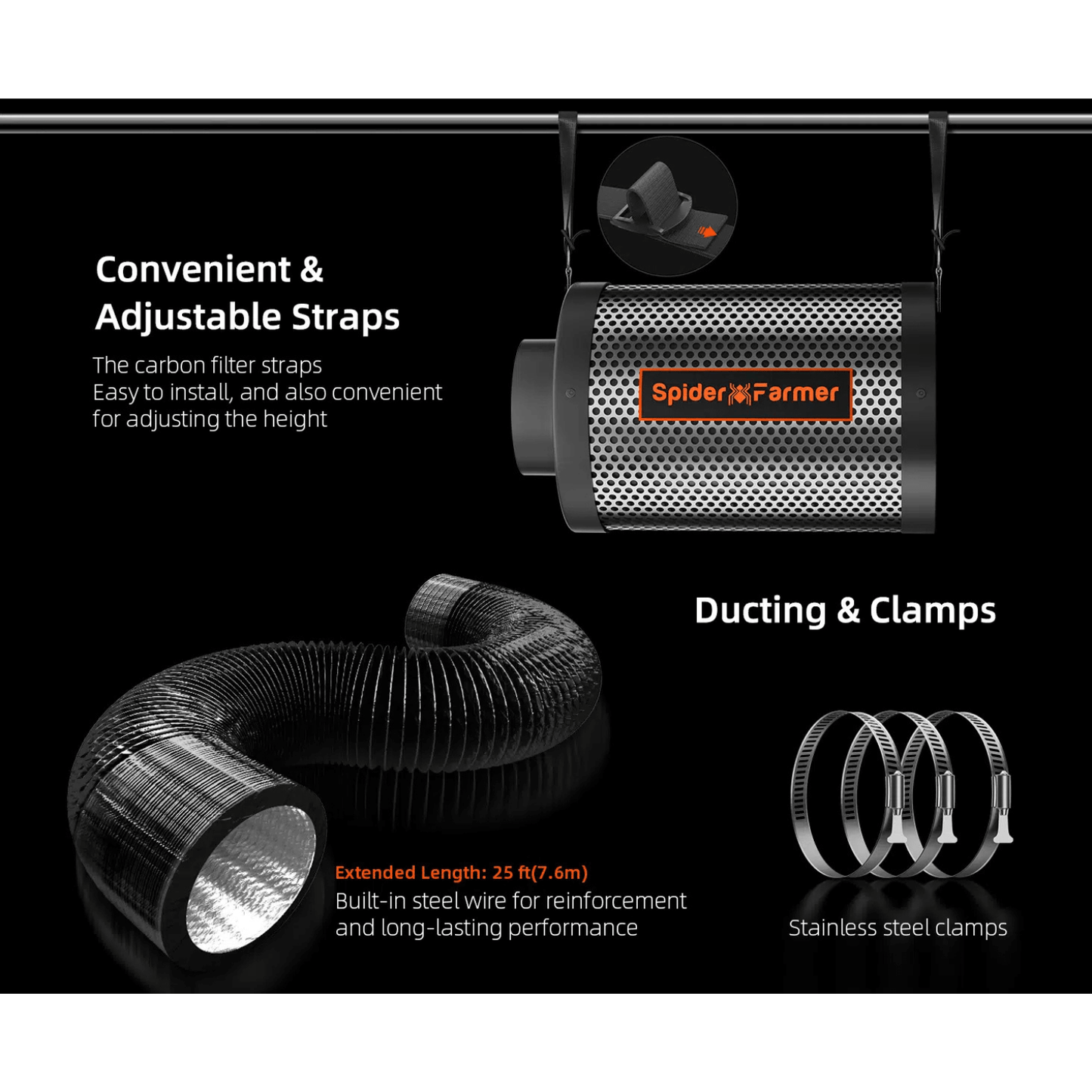 Spider Farmer ventilation kit with adjustable straps and ducting, showcasing efficiency and durable performance.