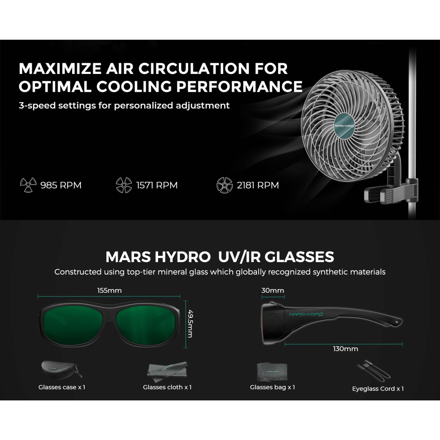 Mars Hydro inline fan with 3-speed settings and UV/IR glasses for optimal cooling and protection.