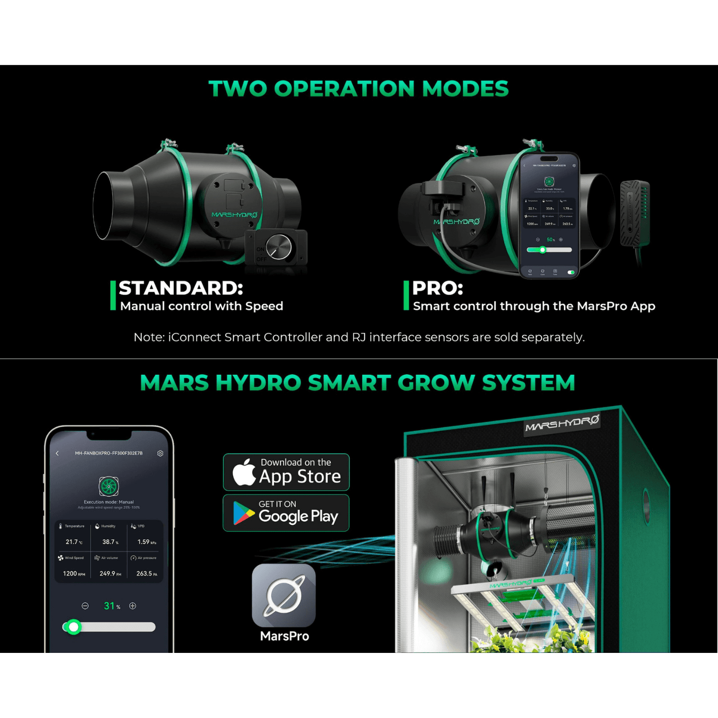 Mars Hydro iFresh Smart Inline Duct Fan with manual and app-controlled operation modes for ventilation.