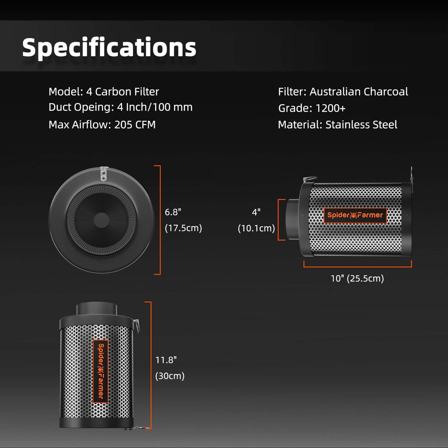 Specifications for Spider Farmer 4" carbon filter and fan showing dimensions and features on a dark background.