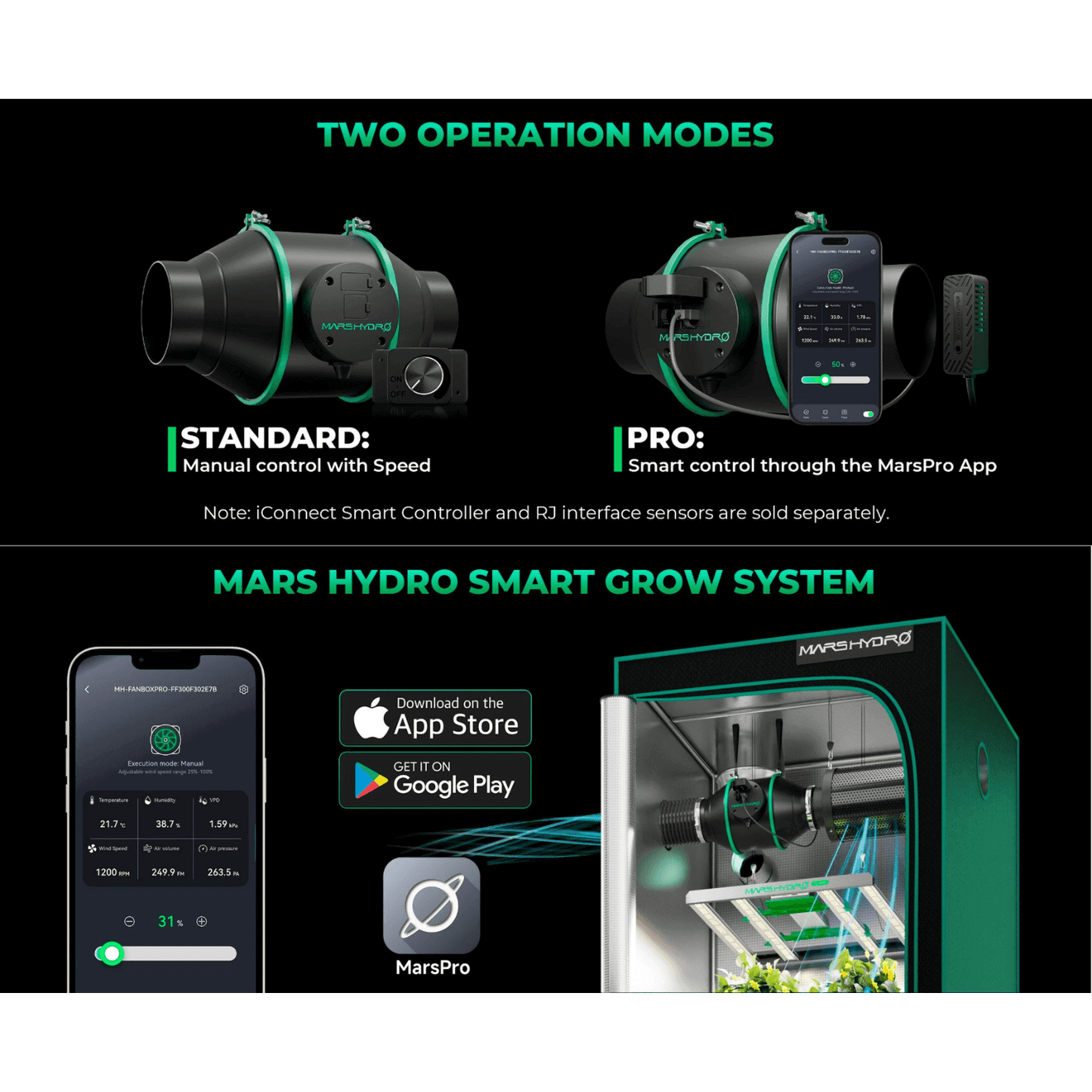 Mars Hydro iFresh Smart Inline Duct Fan with manual and app-controlled operation modes for ventilation.