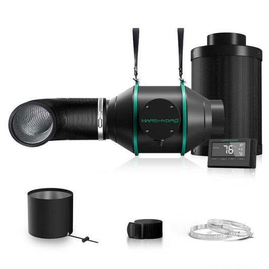 Mars Hydro 4" inline duct fan and carbon filter combo with thermostat and accessories for efficient ventilation.