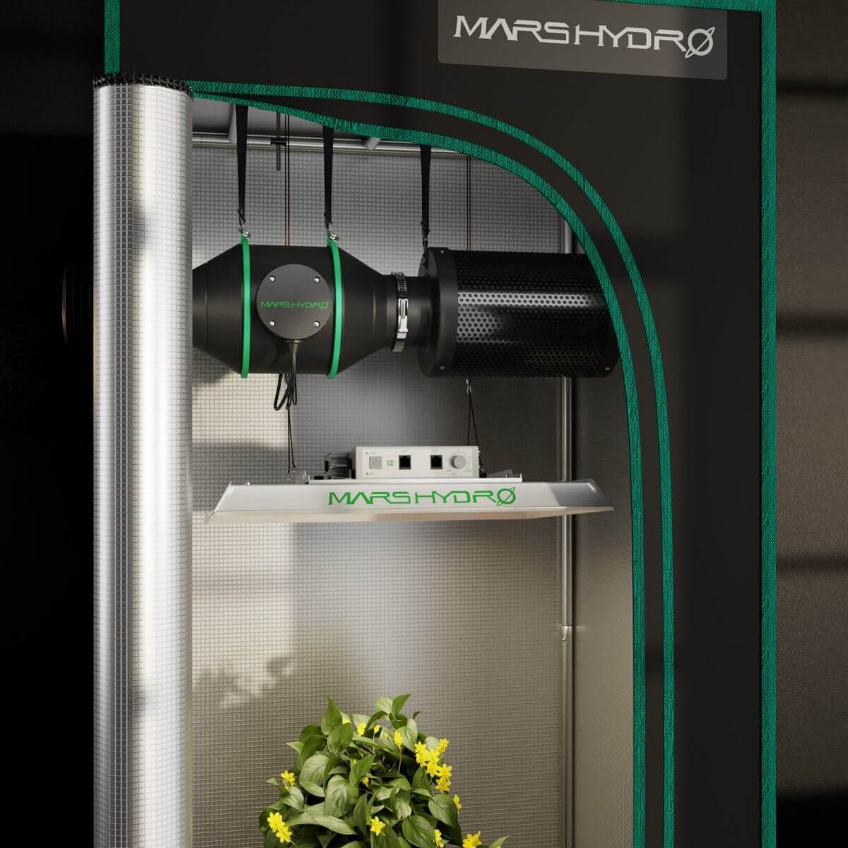 Mars Hydro 4" inline duct fan with carbon filter and thermostat controller in a growing environment.