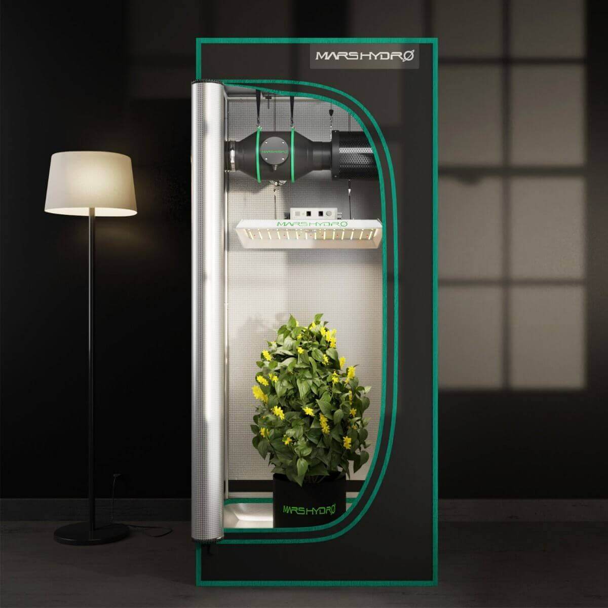 Mars Hydro indoor gardening setup featuring a 4" inline duct fan and a lush green plant.