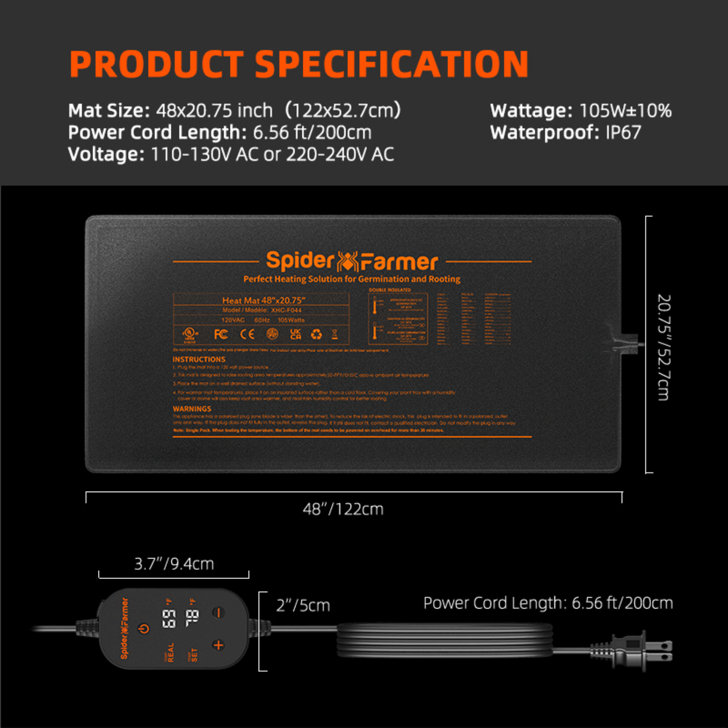 Spider Farmer 48" x 20.75" Seedling Heat Mat and Controller Set