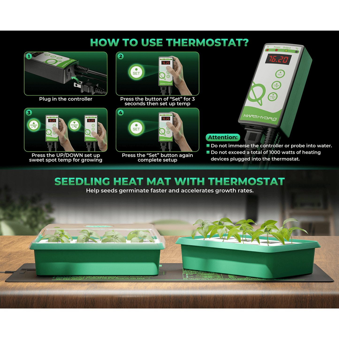 Instructions on using the Mars Hydro seedling heat mat and digital thermostat for optimum plant growth.