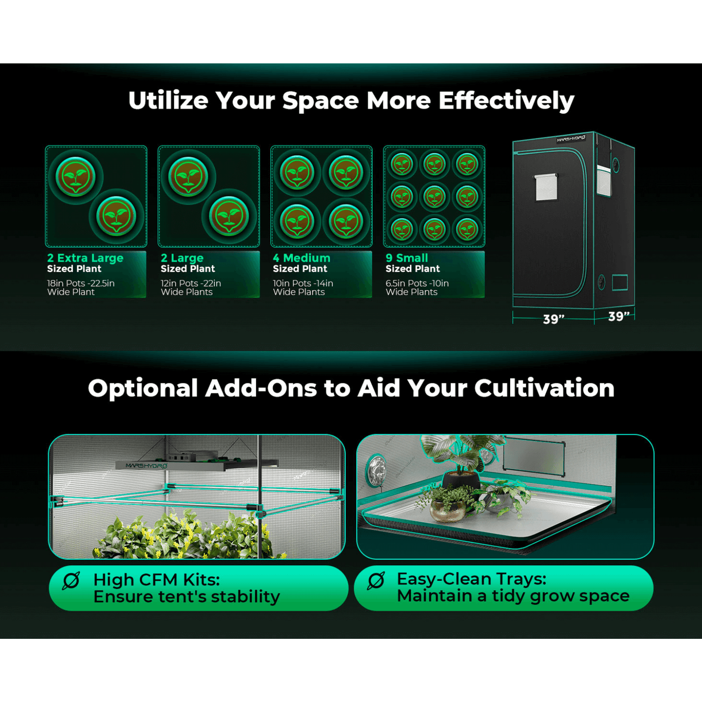 Mars Hydro indoor grow tent options showing various plant sizes and add-ons for efficient cultivation.