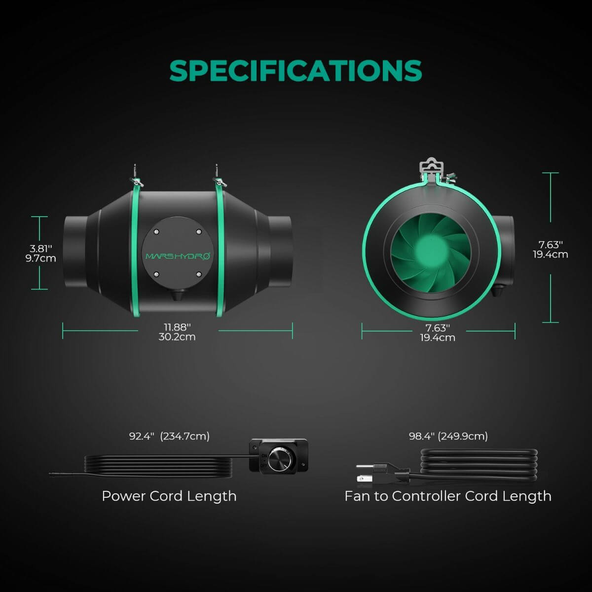 Mars Hydro 4" Inline Duct Fan specifications, including dimensions and cord lengths for efficient ventilation.
