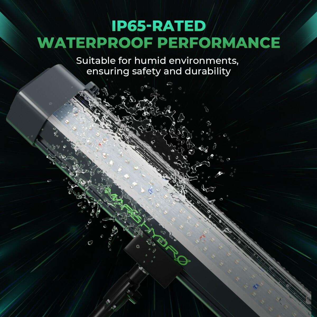 Mars Hydro ADlite-100 LED grow light demonstrating IP65-rated waterproof performance for durability in humid conditions.