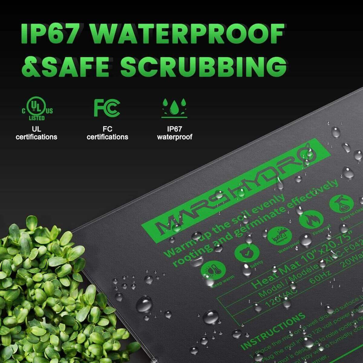 Mars Hydro seedling heat mat with IP67 waterproof certifications, safe for scrubbing and effective heat distribution.