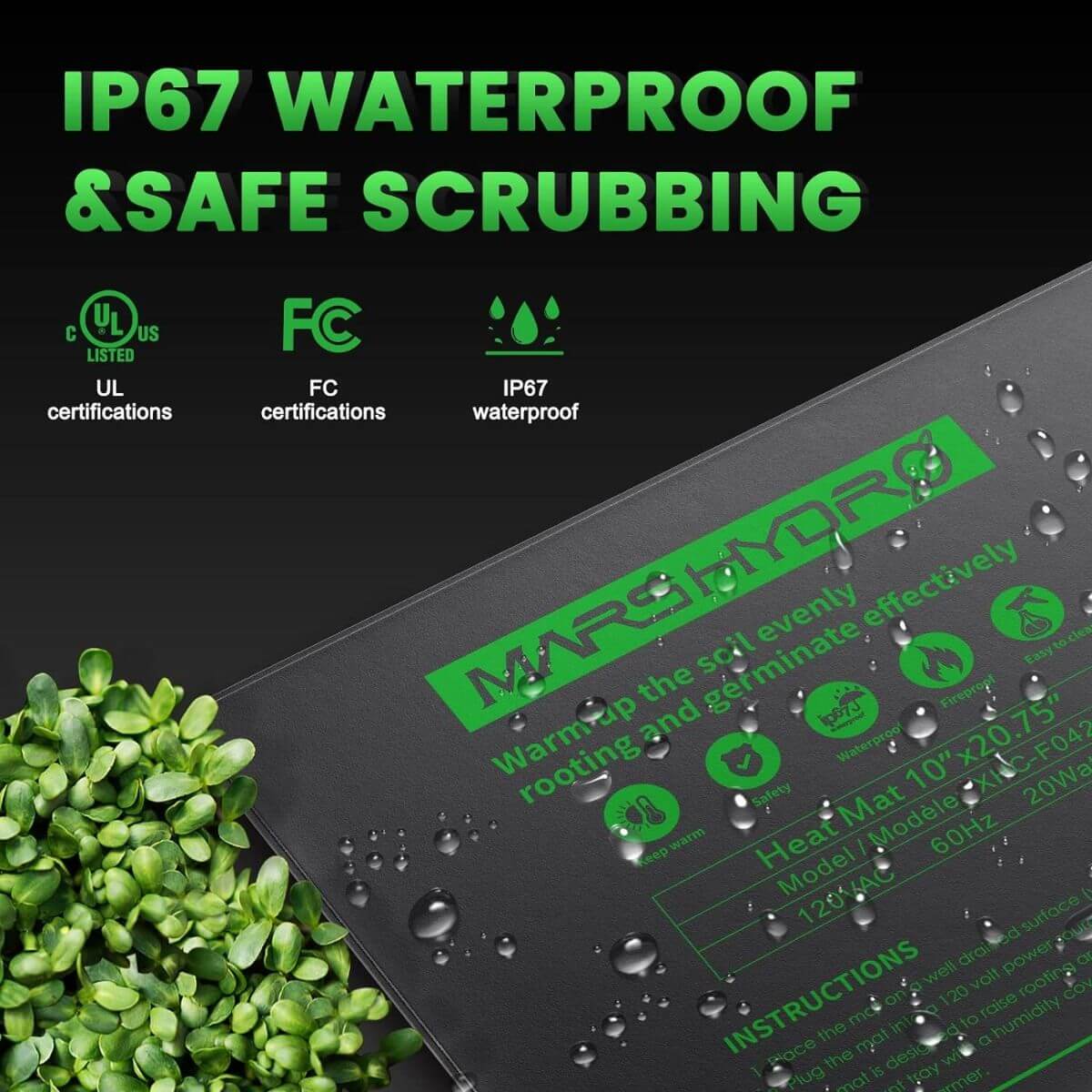 Mars Hydro seedling heat mat with IP67 waterproof certifications, safe for scrubbing and effective heat distribution.