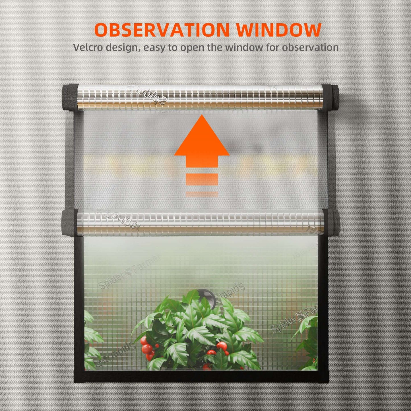 Velcro observation window for easy plant monitoring in a 3x3 indoor grow tent.