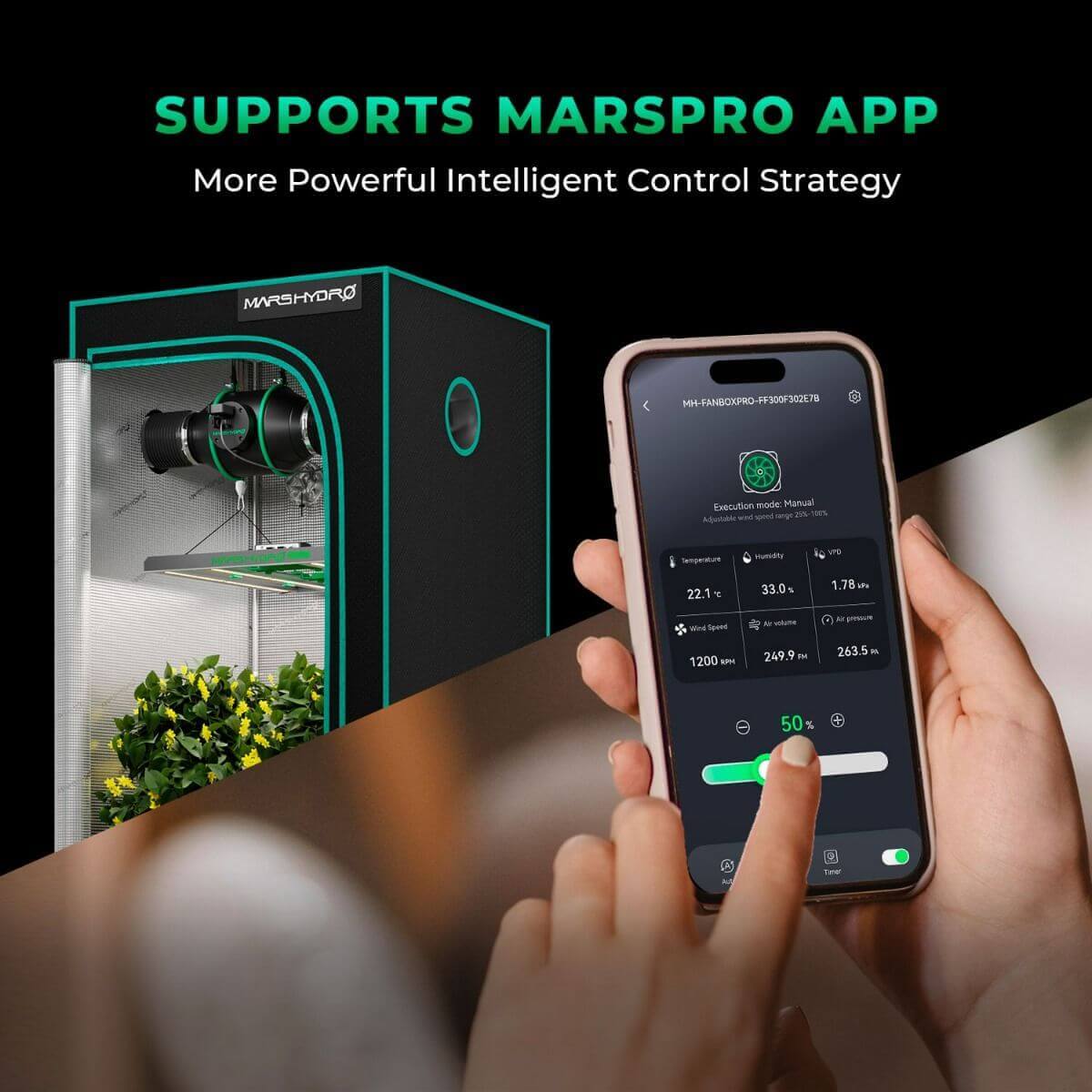 User controlling the Mars Hydro iFresh ventilation system with the MarsPro app for intelligent management.