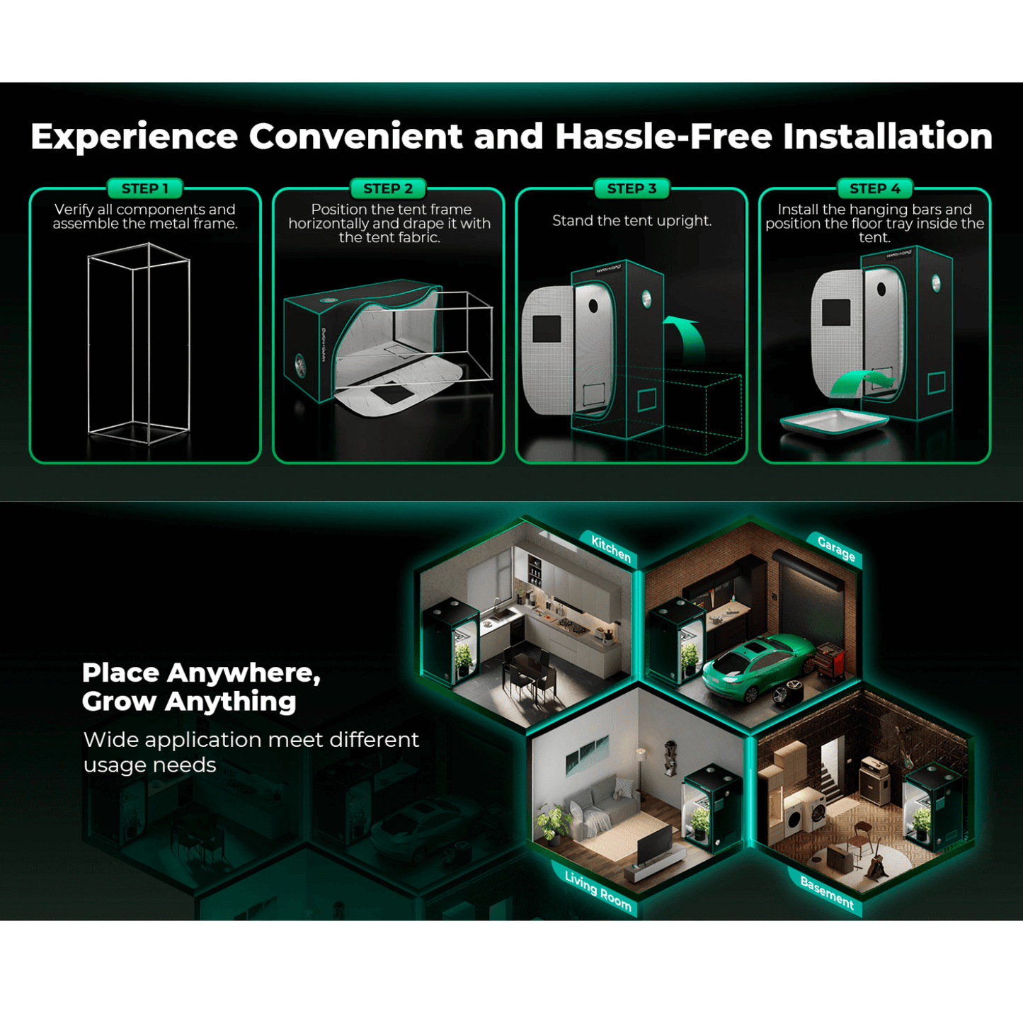 Installation steps for Mars Hydro indoor grow tent, showcasing convenient setup process and diverse usage applications.