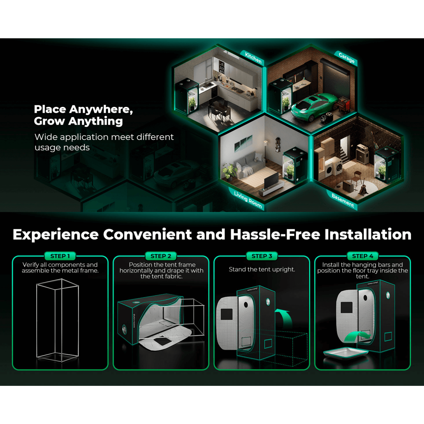 Infographic showing Mars Hydro grow tent installation steps and applications for indoor gardening.