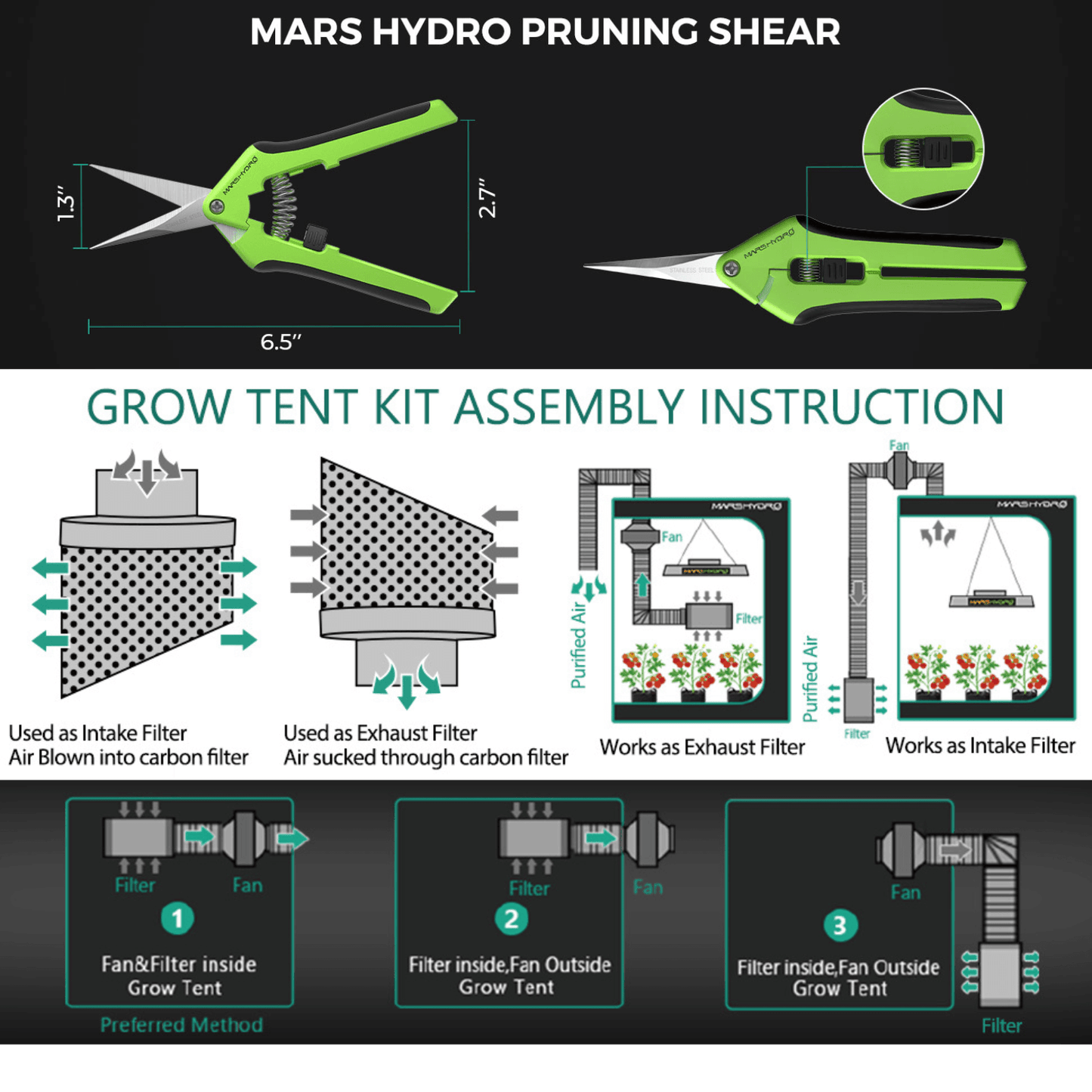 Mars Hydro pruning shears and grow tent assembly instructions, showcasing filters and fan configurations.
