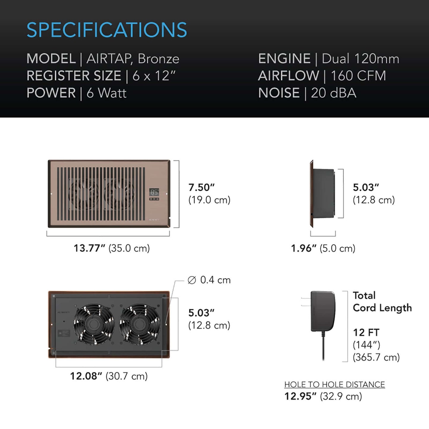 AC Infinity AIRTAP T6 Quiet Register Booster Fan System Bronze for 6" product image 5