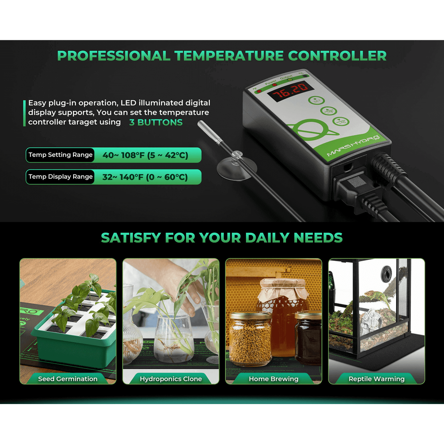 Mars Hydro professional temperature controller with LED display for seed germination, hydroponics, brewing, and reptile warming.