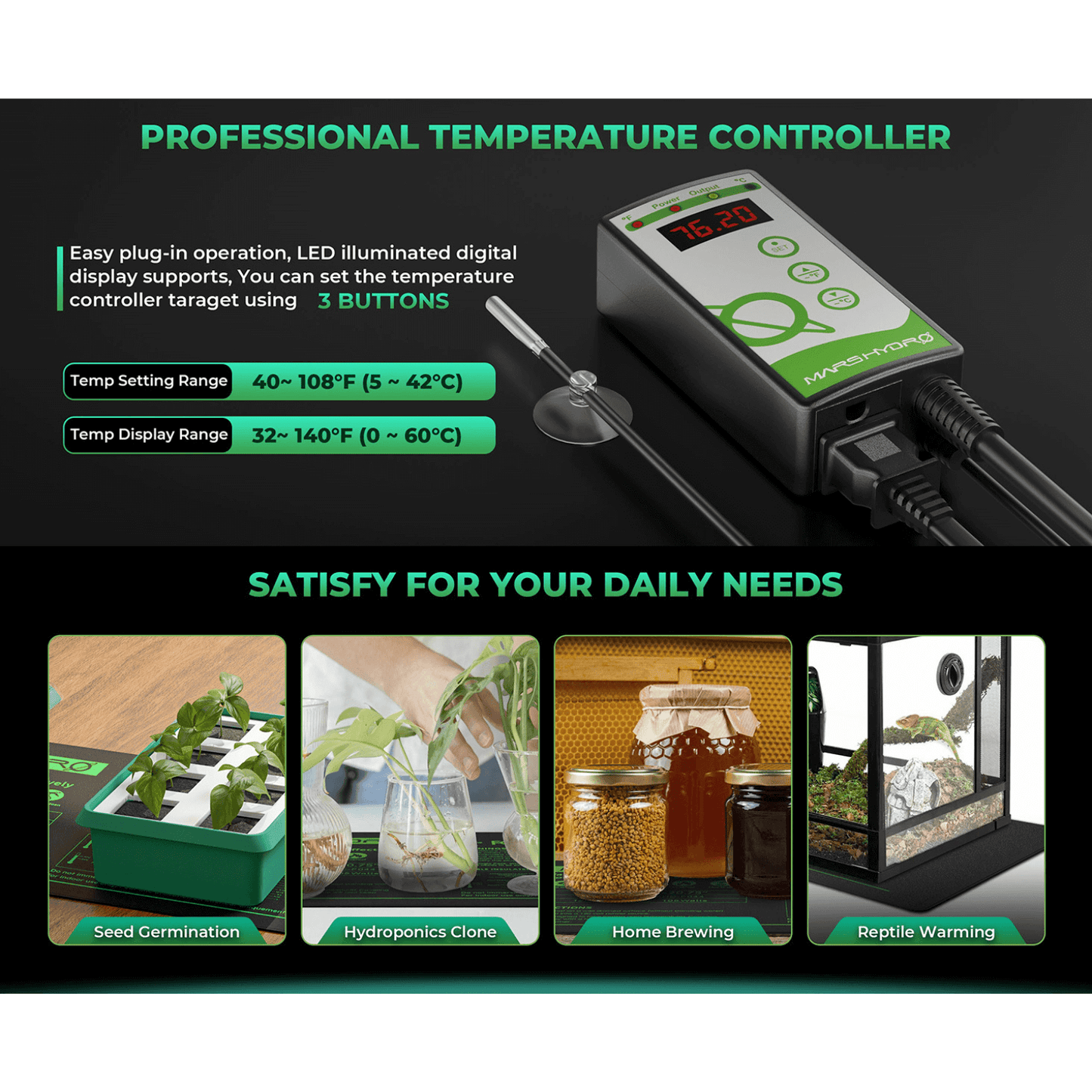 Mars Hydro professional temperature controller with LED display for seed germination, hydroponics, brewing, and reptile warming.